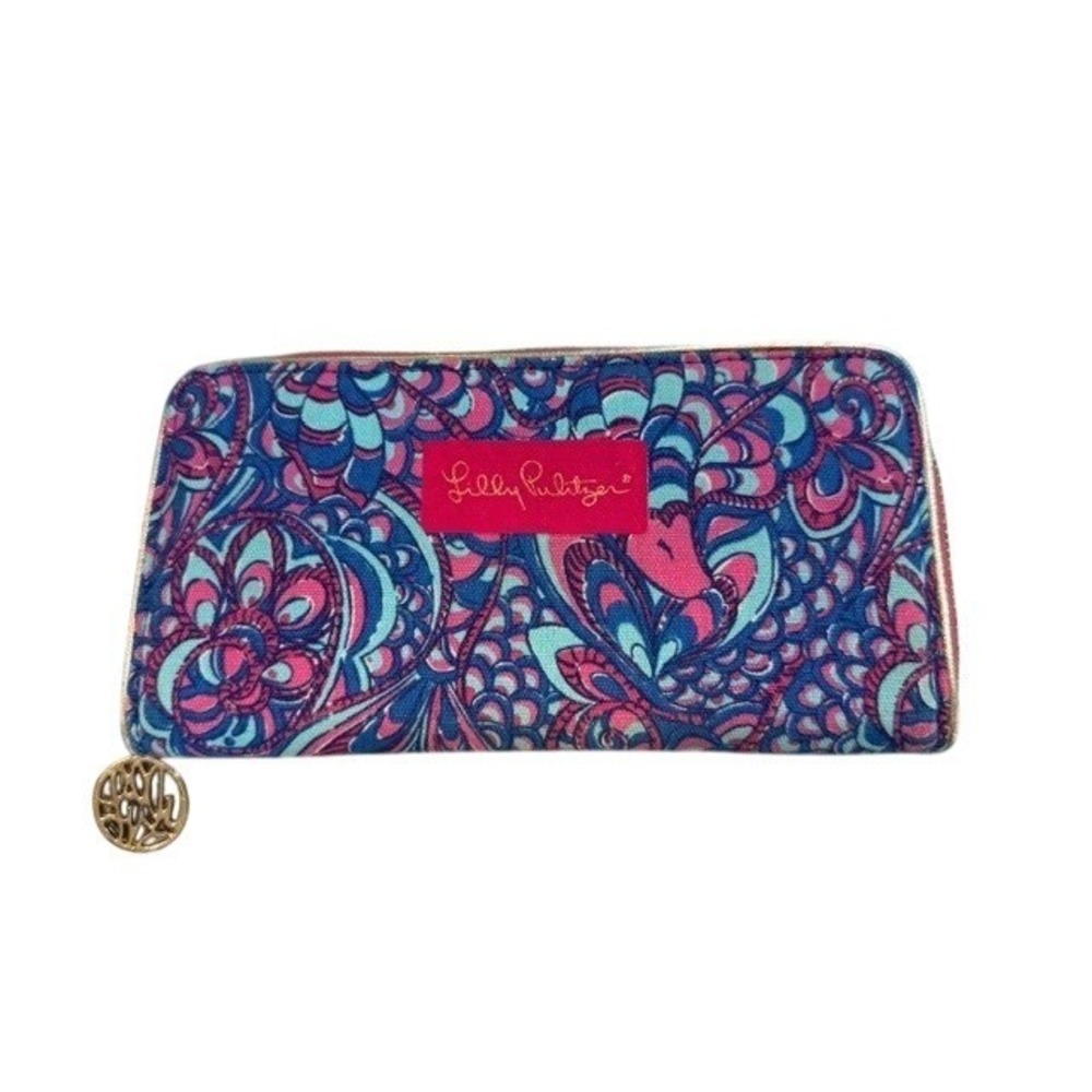 Lilly Pulitzer Blue Pink Floral Paisley Canvas Zip Around Wallet Organizer EUC